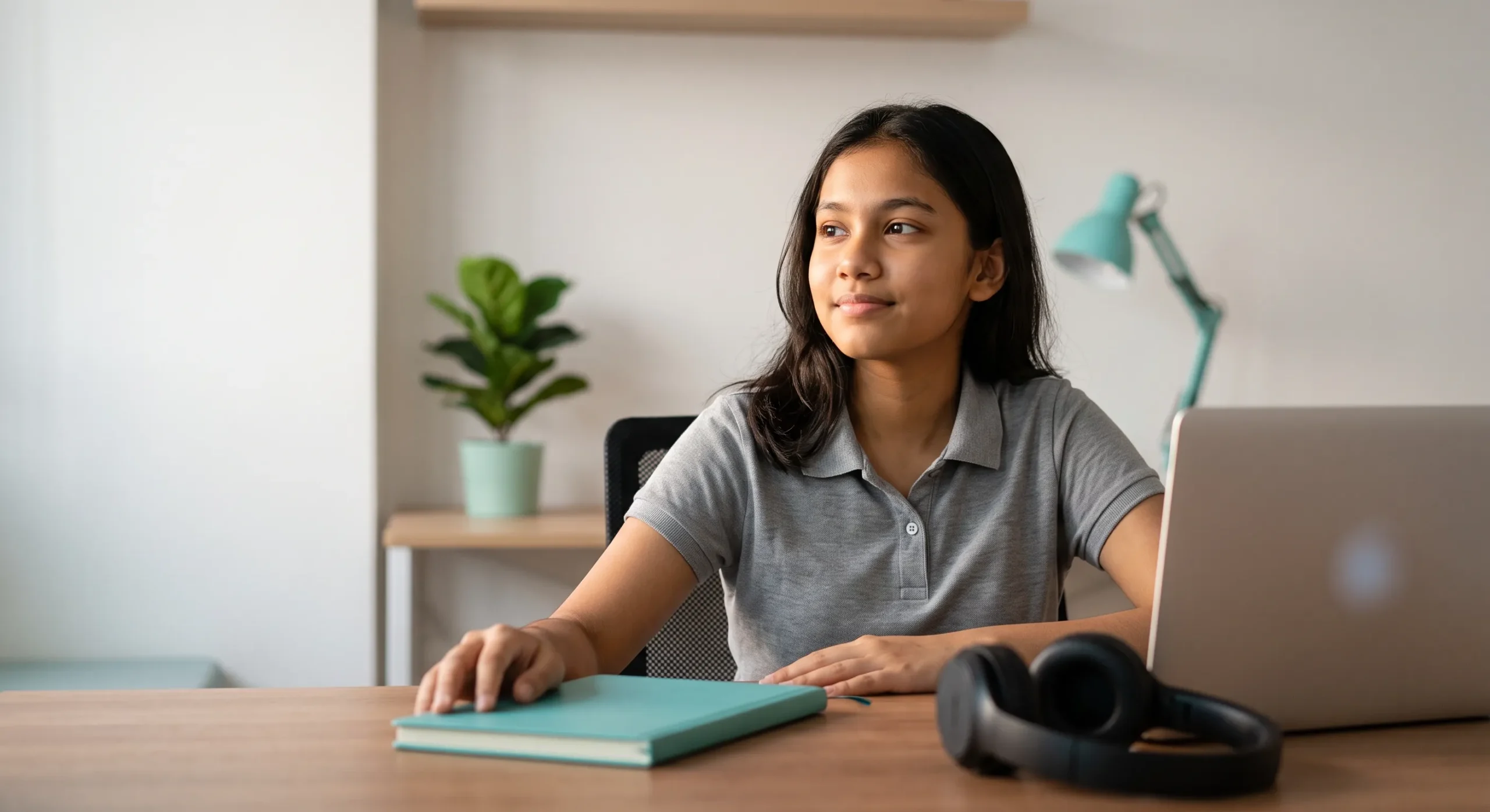 Student at her laptop, ready for an online IGCSE Maths lesson