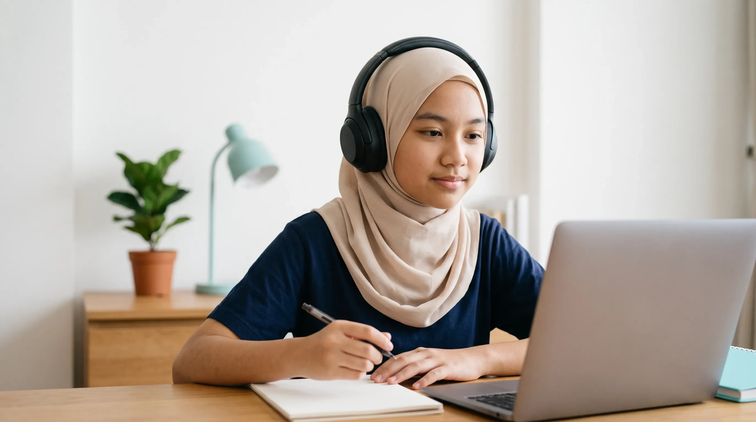 Student with headphones taking notes during an online Physics tuition lesson